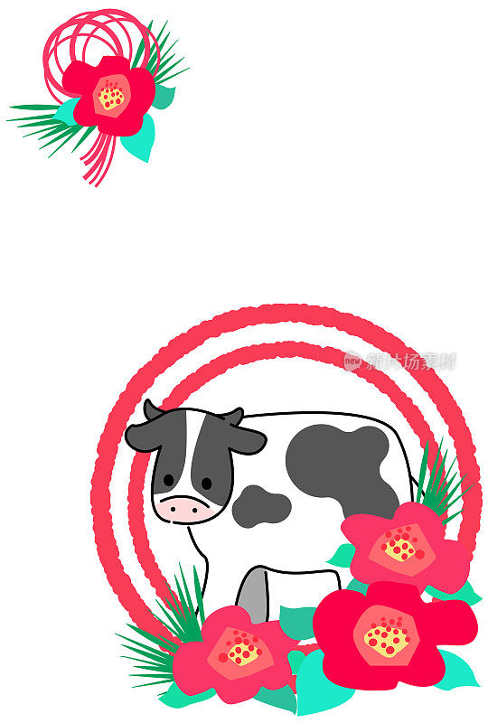 Japanese pattern New Year's card material illustration of cow and flower